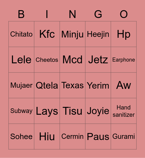Seulgi JIAYOU. Bingo Card