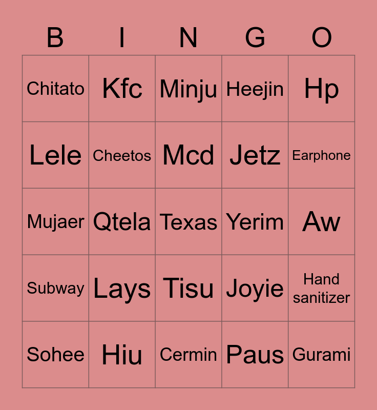 Seulgi JIAYOU. Bingo Card