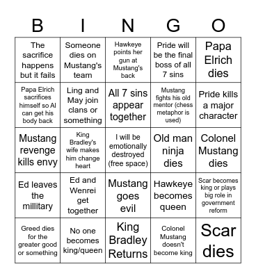 FMA Final Season Bingo Card