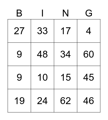 Number Bingo Card