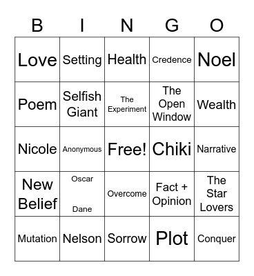 Literature Bingo Card