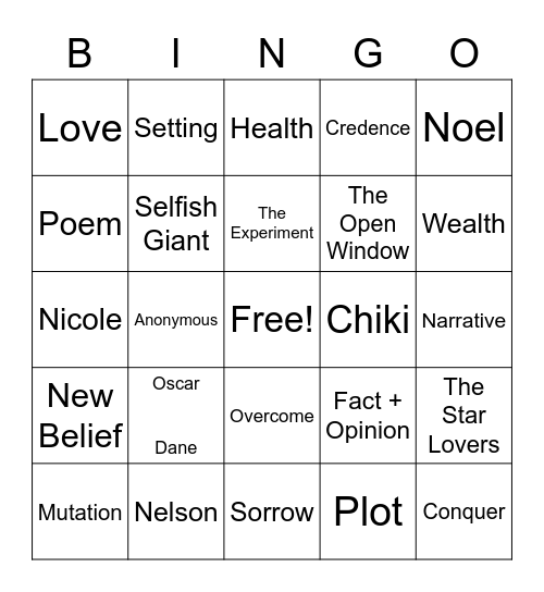 Literature Bingo Card
