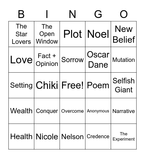 Literature Bingo Card