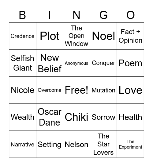 Literature Bingo Card