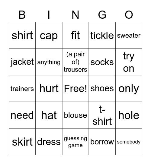 UNIT 9 - clothes Bingo Card
