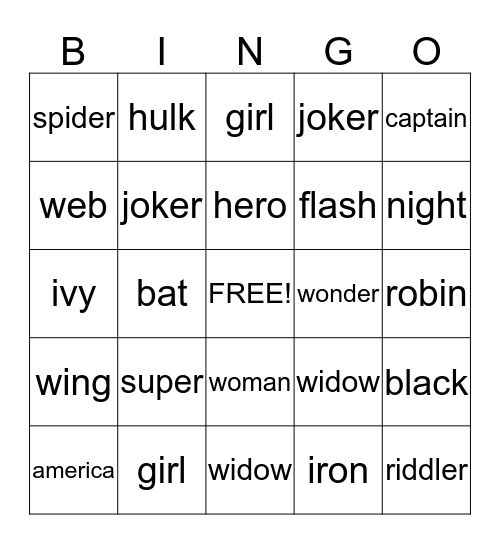 I'm a Super Hero!!! Bingo Card