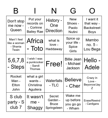 PgX musical bingo Card