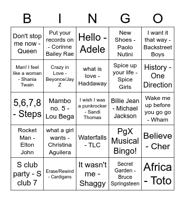 PgX musical bingo Card