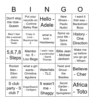 PgX musical bingo Card