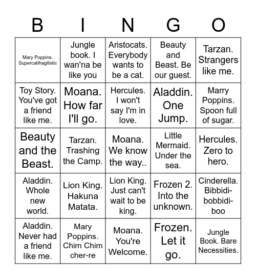 Disney Songs Bingo Card