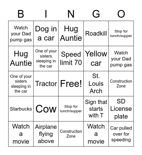 Road Trip Bingo Card