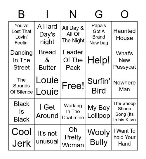 60s Hits Bingo Card