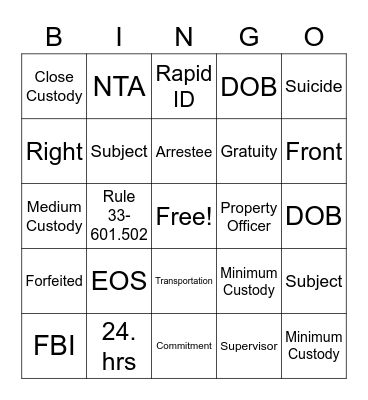 Intake and Release Bingo Card