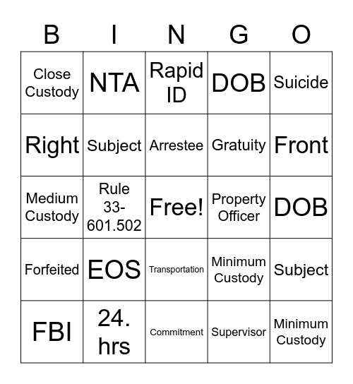 Intake and Release Bingo Card