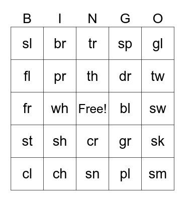 Blends and Digraphssm Bingo Card