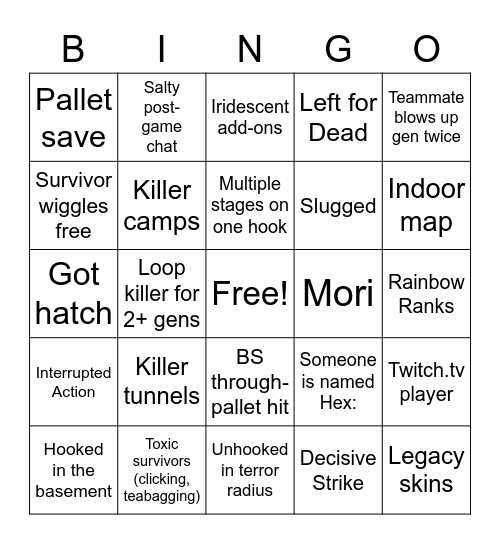 Dead By Daylight Bingo Card