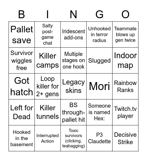 Dead By Daylight Bingo Card