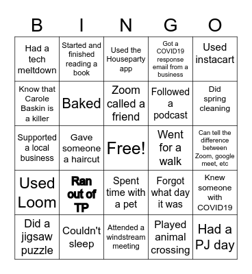 COVID19 Bingo Card