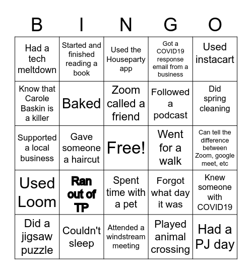 COVID19 Bingo Card