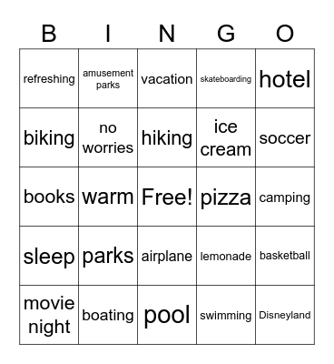 Summer Fun Bingo Card