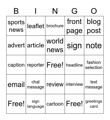 Messages and Communication, News Features Vocab Bingo Card
