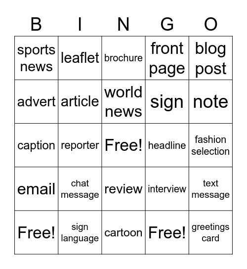 Messages and Communication, News Features Vocab Bingo Card