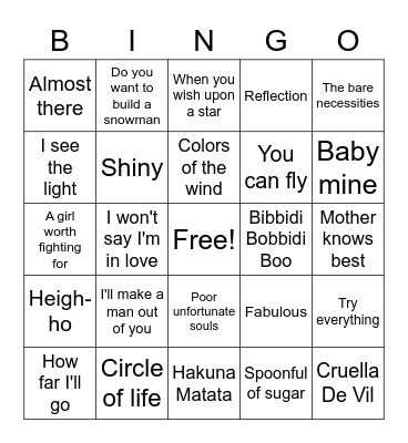 Disney Music Bingo Part 2 Bingo Card