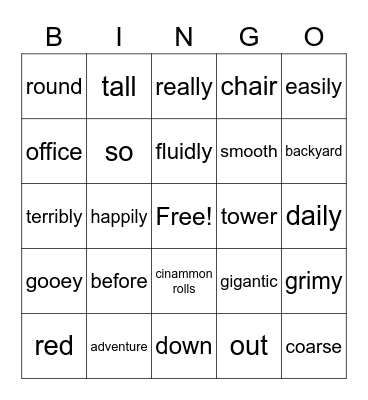 adjectives, nouns, adverbs Bingo Card