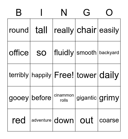 adjectives, nouns, adverbs Bingo Card