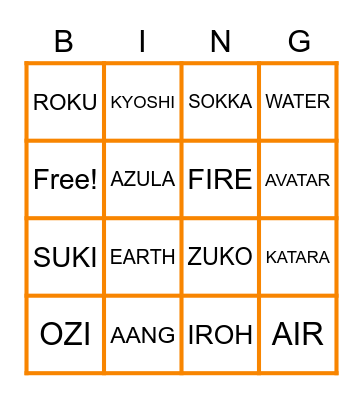 AVATAR Bingo Card
