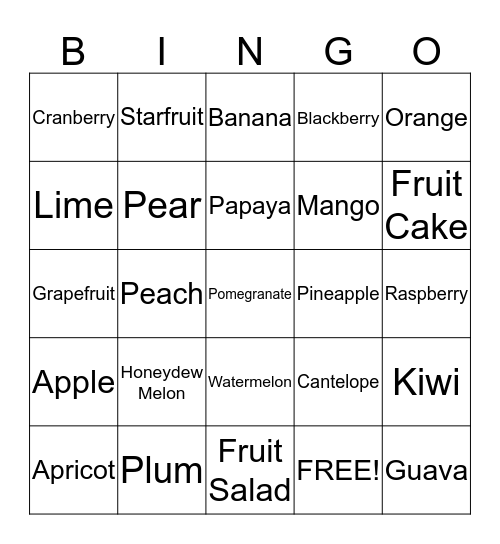 I Love Fruit!! Bingo Card