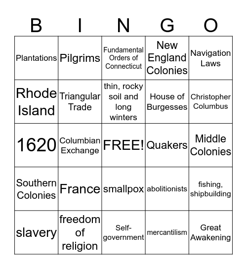 COLONIAL Bingo Card