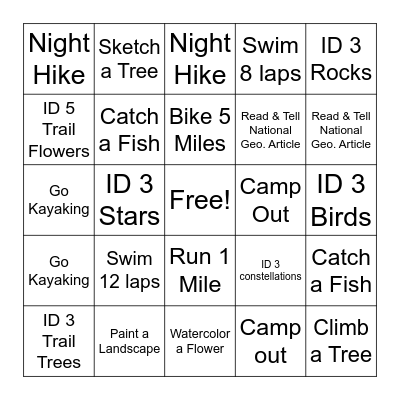 Summer Activities Bingo Card
