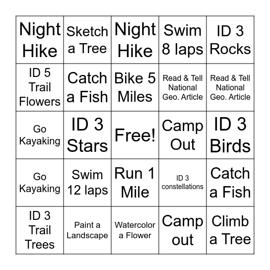 Summer Activities Bingo Card