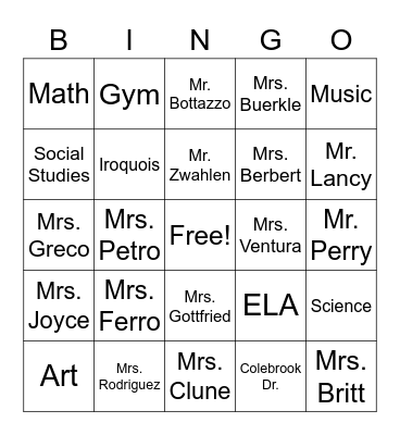 Iroquois Middle School Bingo Card