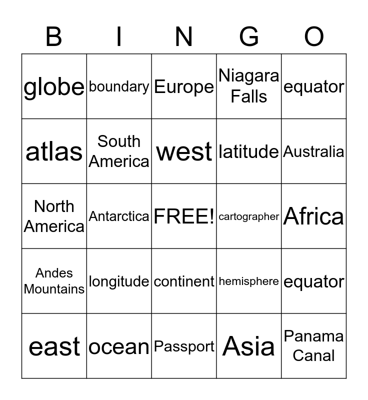 World Geography Bingo Card