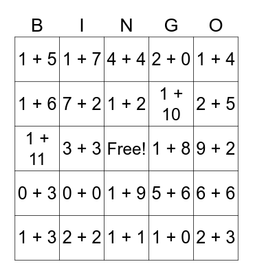 Addition Bingo questions Bingo Card