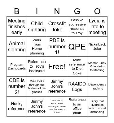 Team Meeting 6/15 Bingo Card