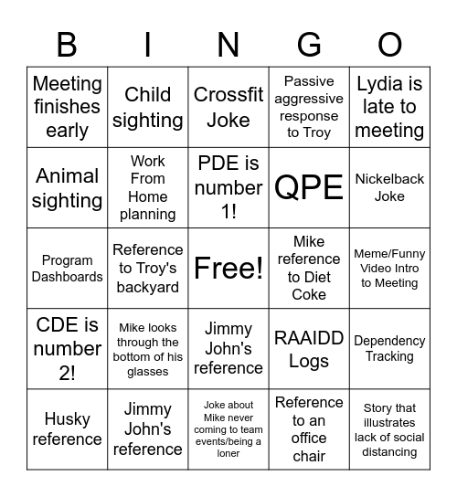 Team Meeting 6/15 Bingo Card