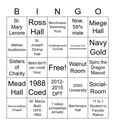 St. Mary's College Bingo Card