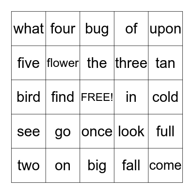 Sight Words Bingo Card