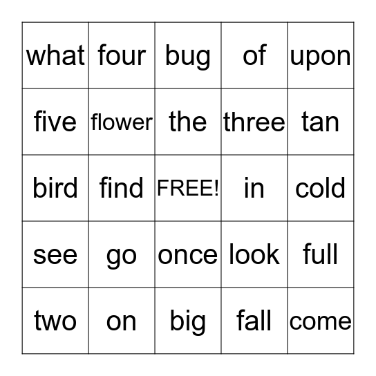 Sight Words Bingo Card