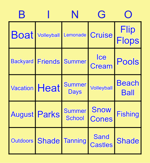Summer Days Bingo Card