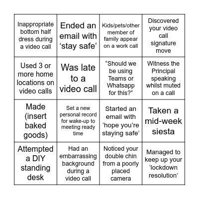 Staff Lockdown Bingo Card