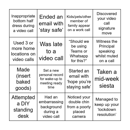 Staff Lockdown Bingo Card