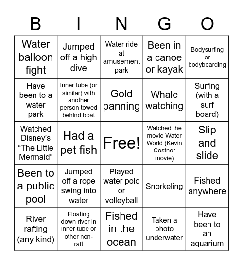 Water-related (part 1) Bingo Card