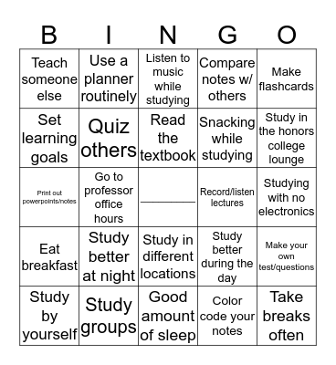 Study Skills Bingo Card