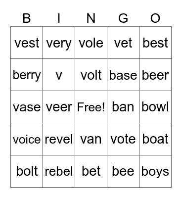 B and V Bingo Card