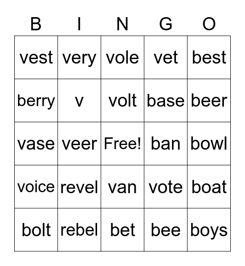 B and V Bingo Card