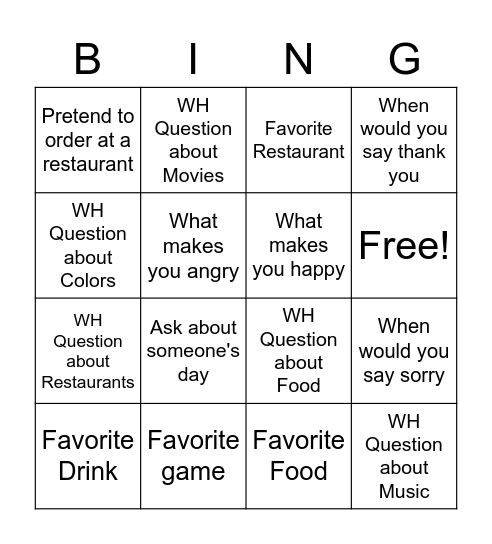 Conversations WH Questions Bingo Card